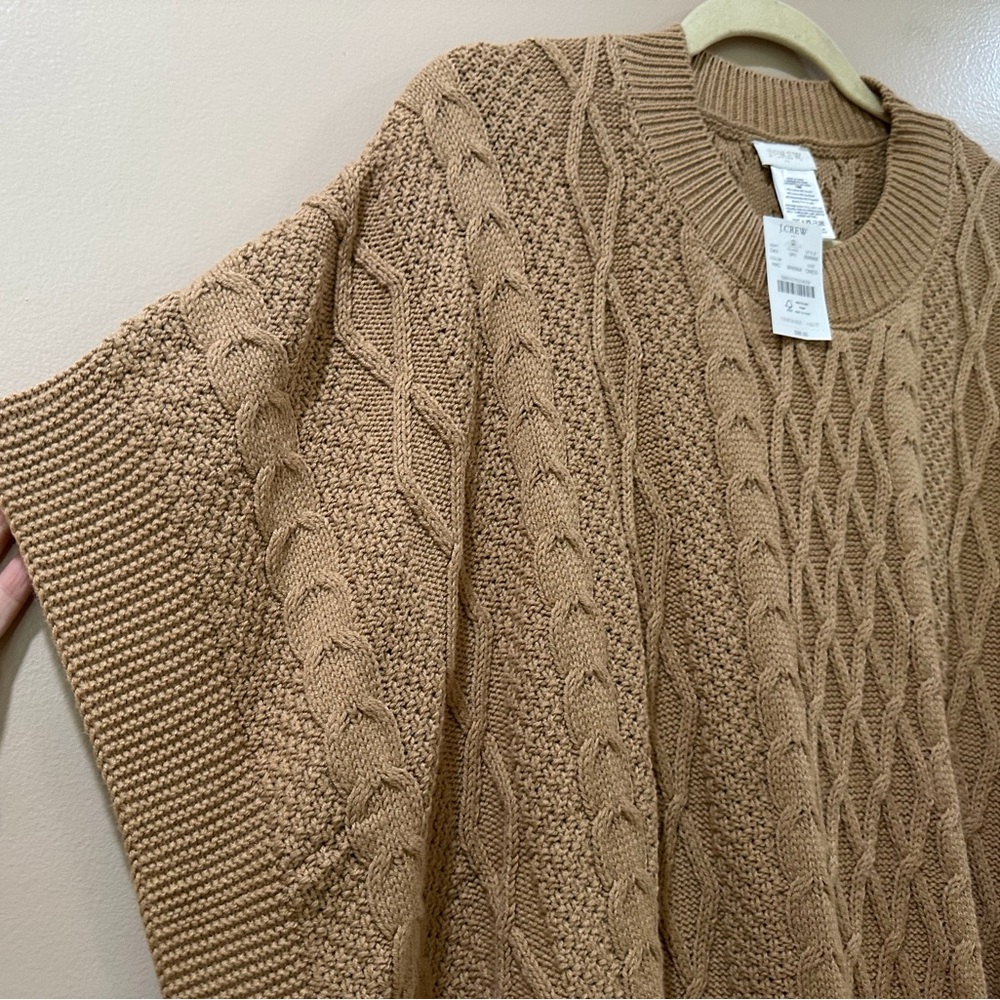 J.Crew Womens Camel Brown Fisherman Cable Knit Cape Poncho Pullover Sweater OZ - Picture 3 of 4